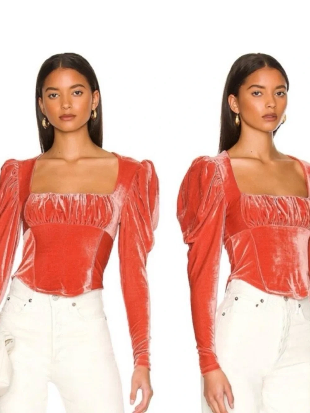 Free People Velvet Puff-Sleeve Square Neck Top in Coral Orange